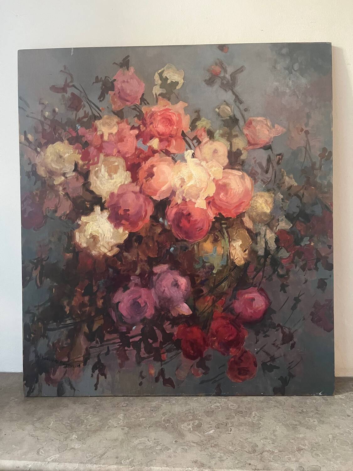 Large bouquet of roses, oil on wood panel, signed