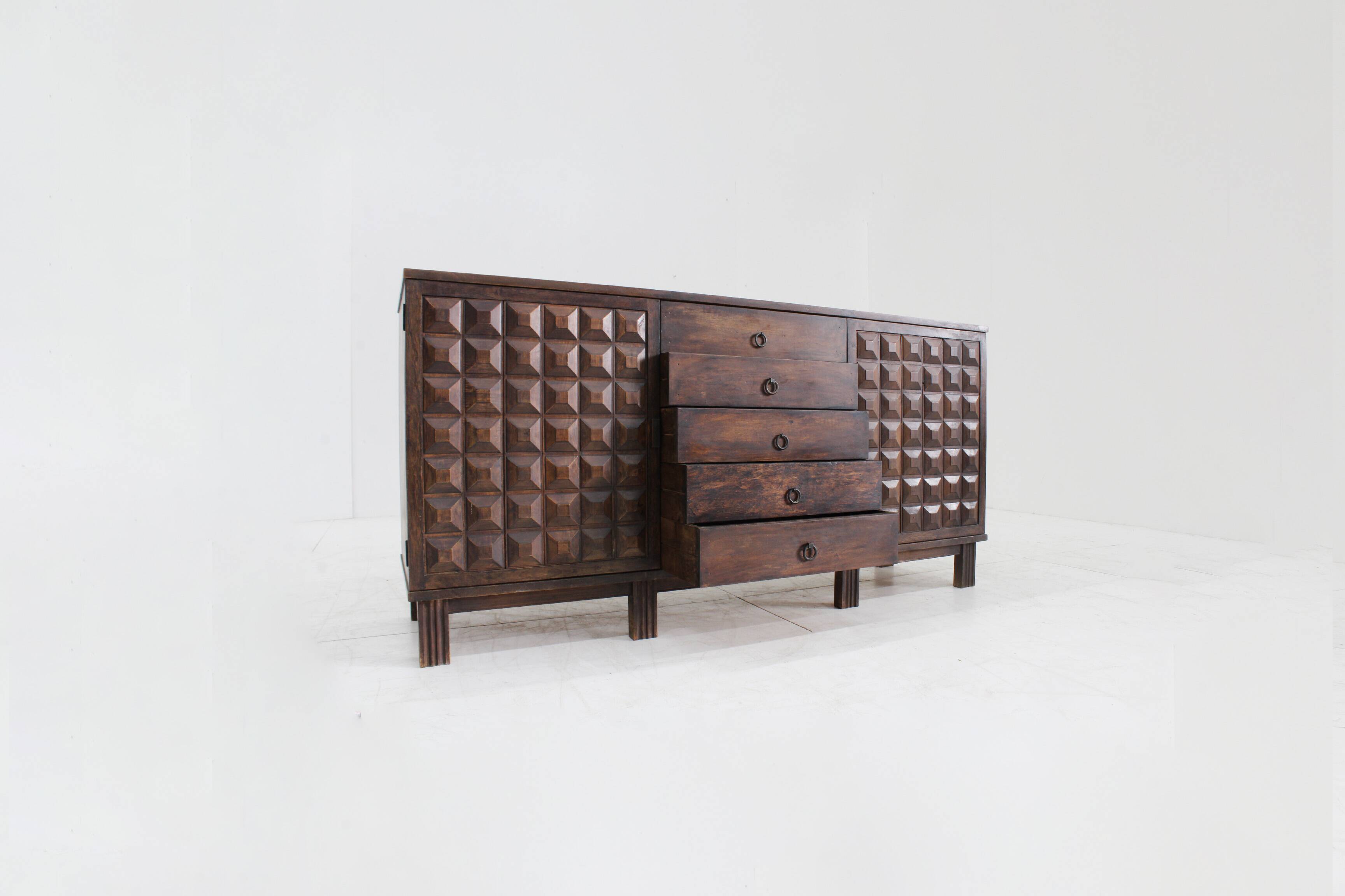 Brutalist Spanish carved sideboard credenza
