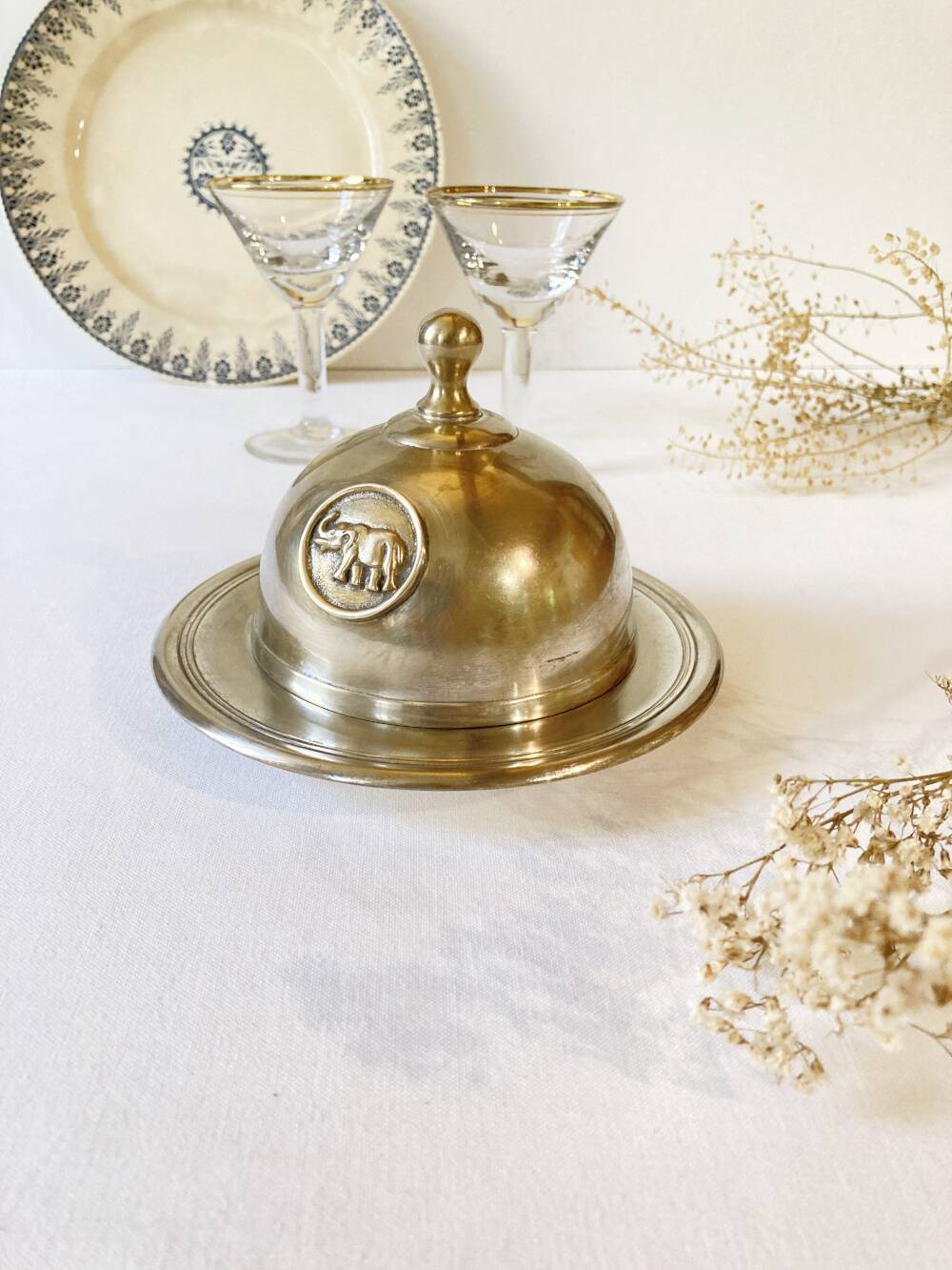 Silver-plated butter dish with elephant motif