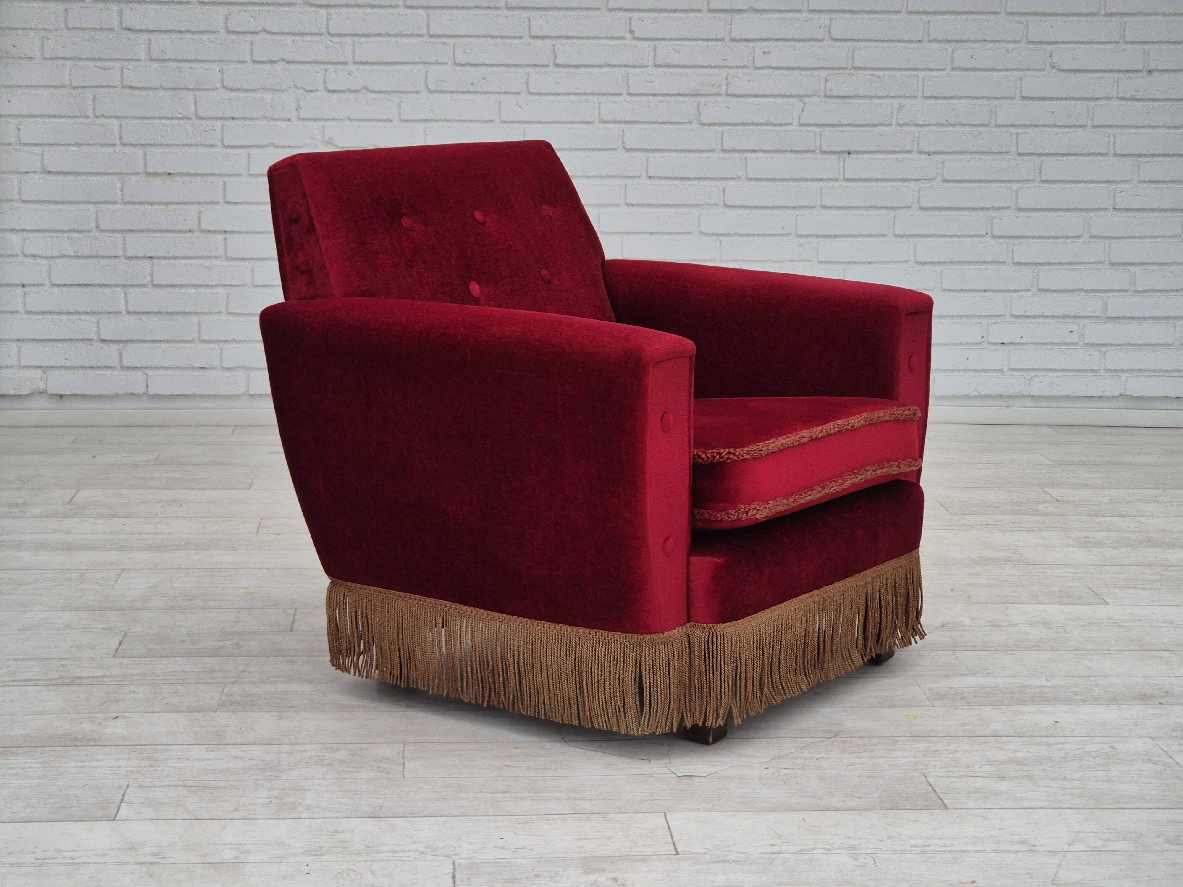 1970s, Danish lounge chair, original condition, cherry-red velour fabric.
