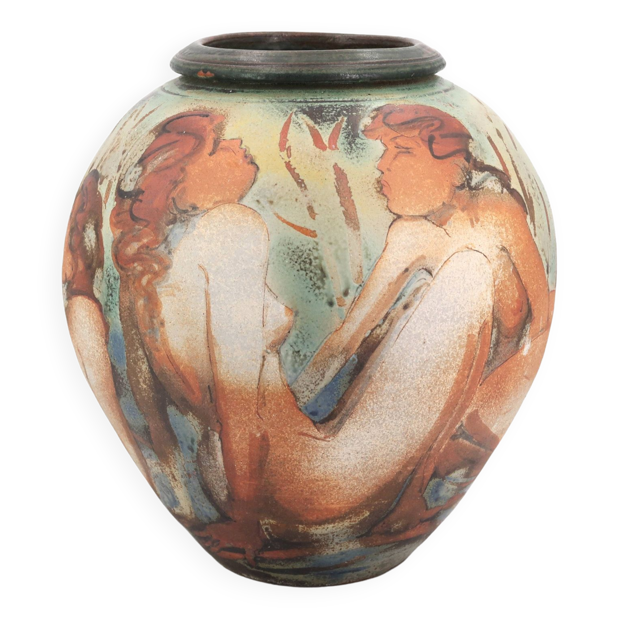 Decorated vase with woman, bathing scene.