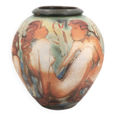Decorated vase with woman, bathing scene.