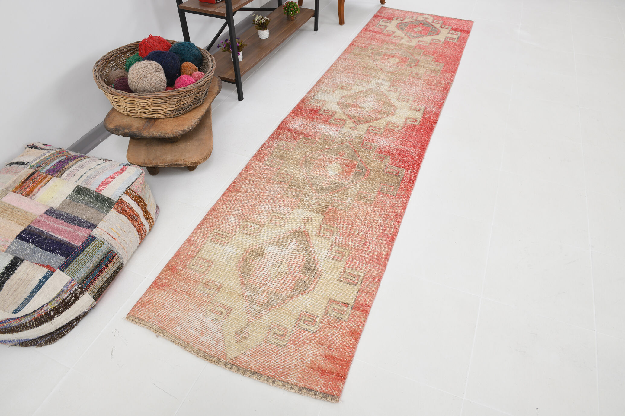 Red & beige vintage runner rug
