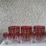 7 aperitif glasses in red and transparent glass chiseled vintage