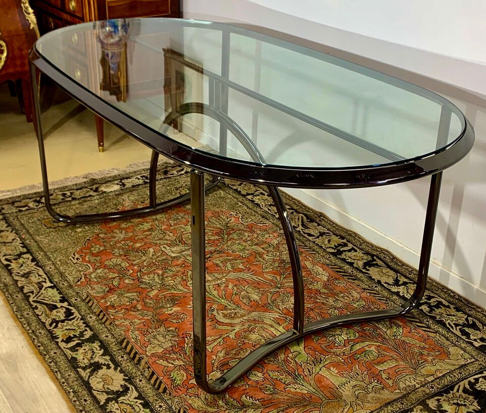 Glass and chrome steel table, design italy 1960