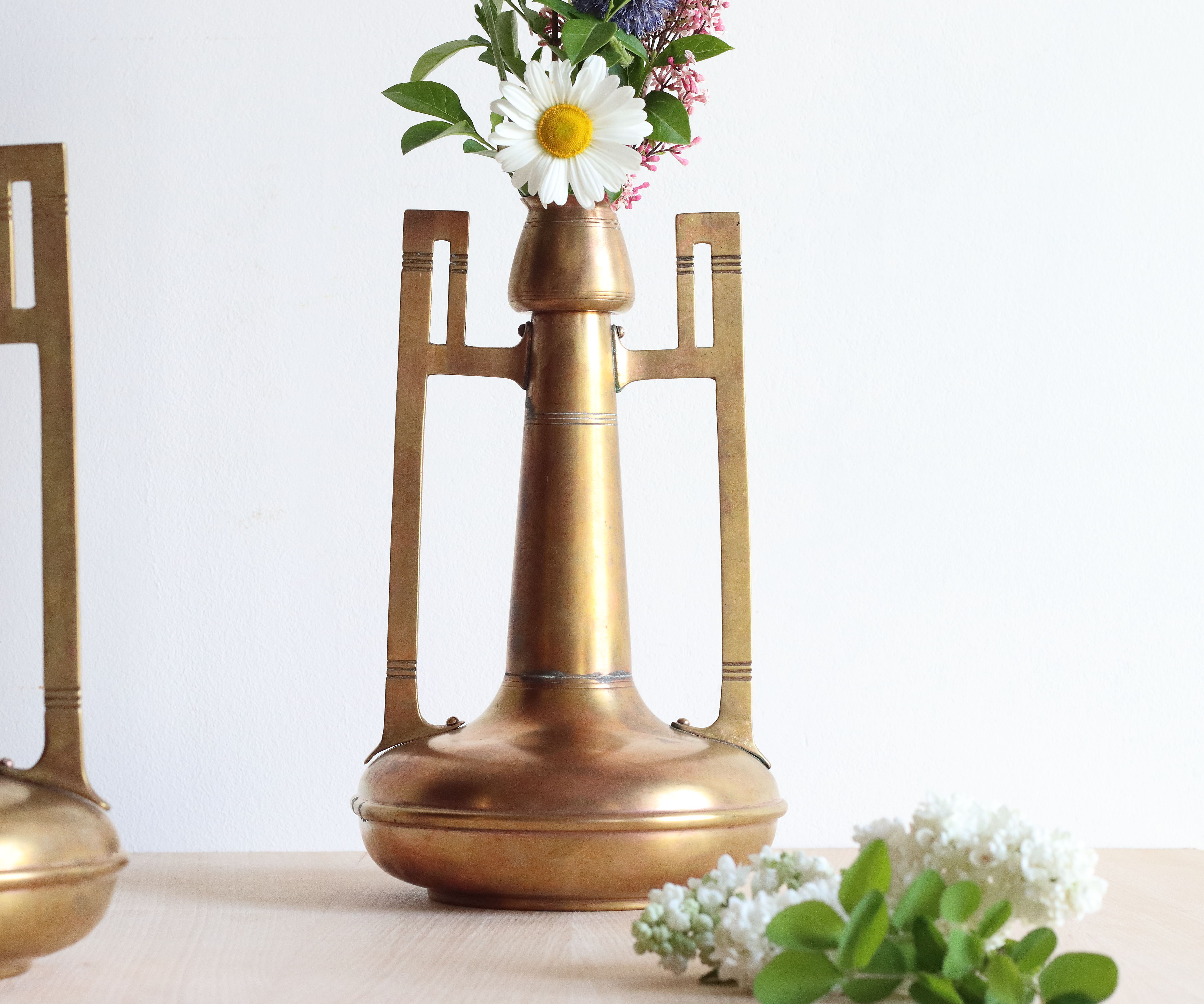 Pair of art nouveau copper and brass vases by Gustave Serrurier-Bovy