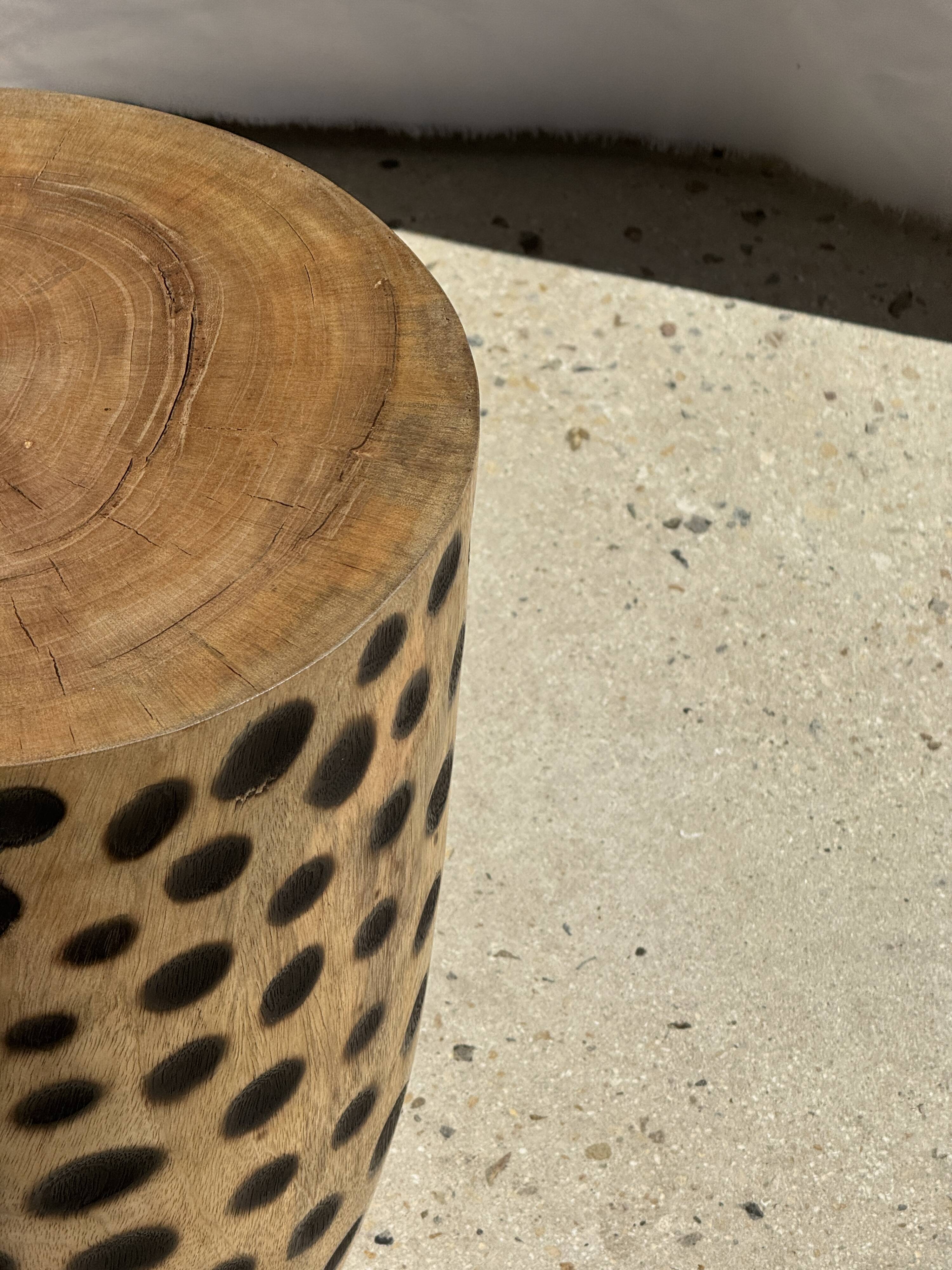 Stool, side table, cylindrical solid mango wood end table.