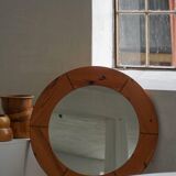 Large round wall mirror in solid pine by Glasmäster Markaryd, Sweden, 1960s.
