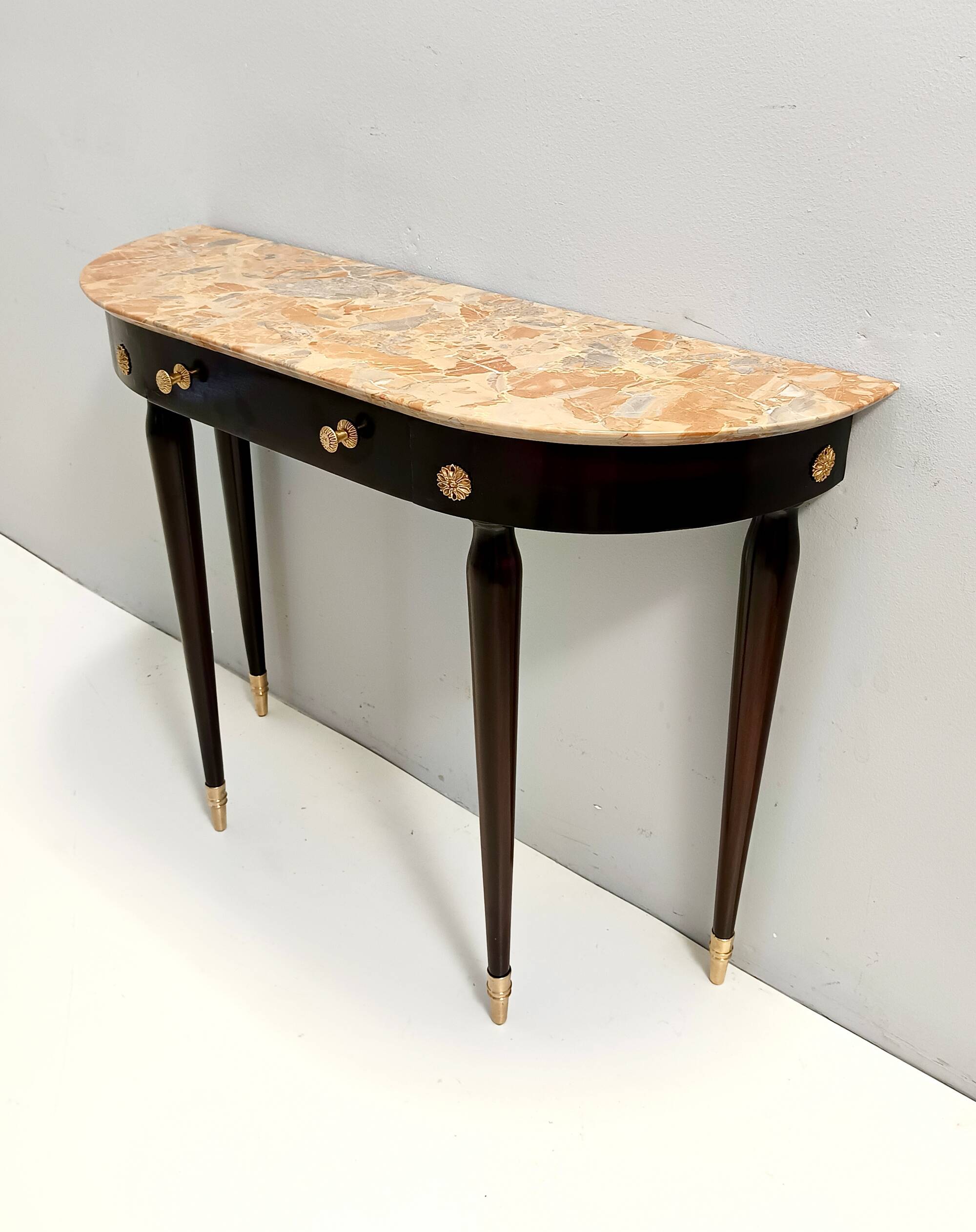 Ebonized Beech Console with a Demilune Macchiavecchia Marble Top attr. to Paolo Buffa