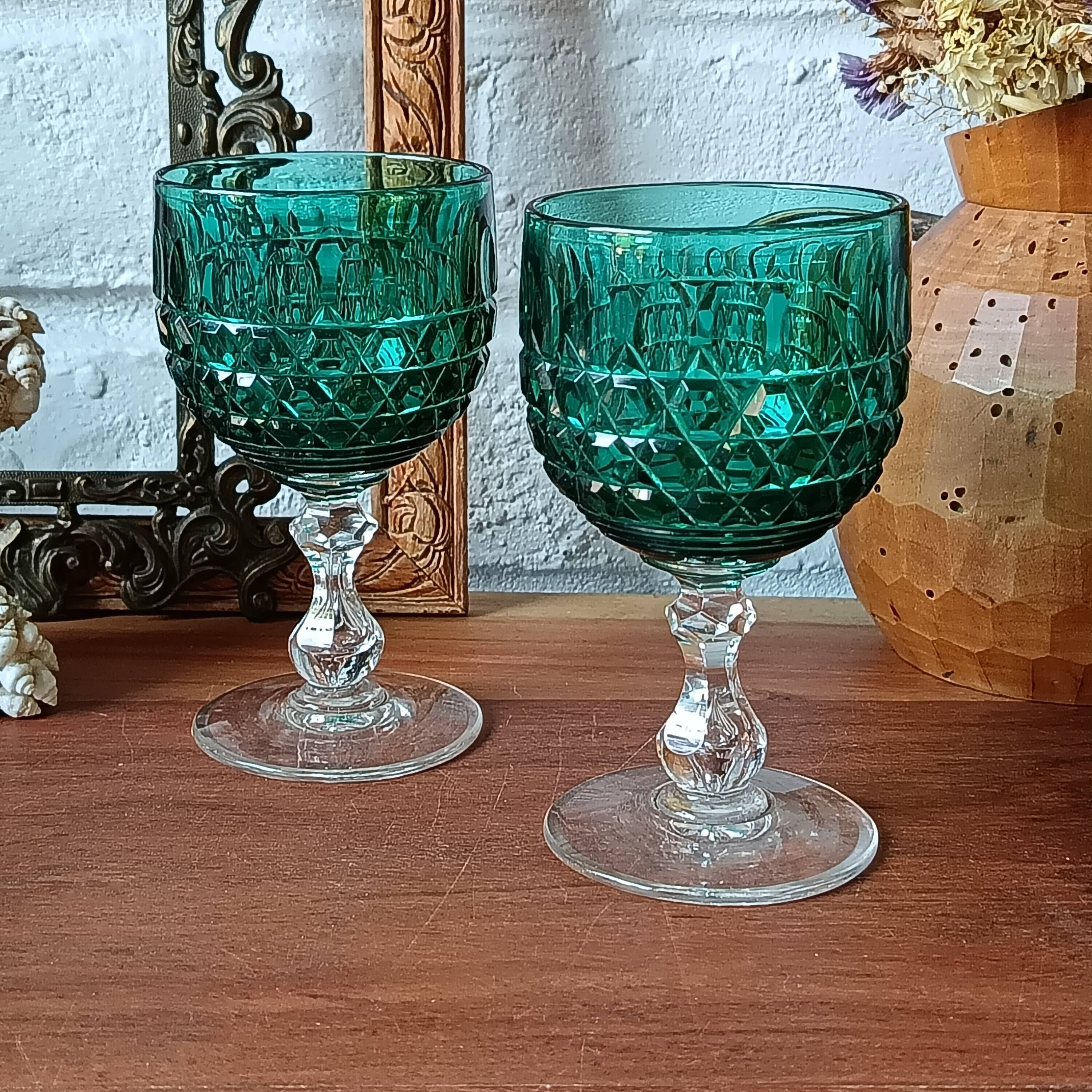 2 vintage cut glass coloured stemmed glasses
