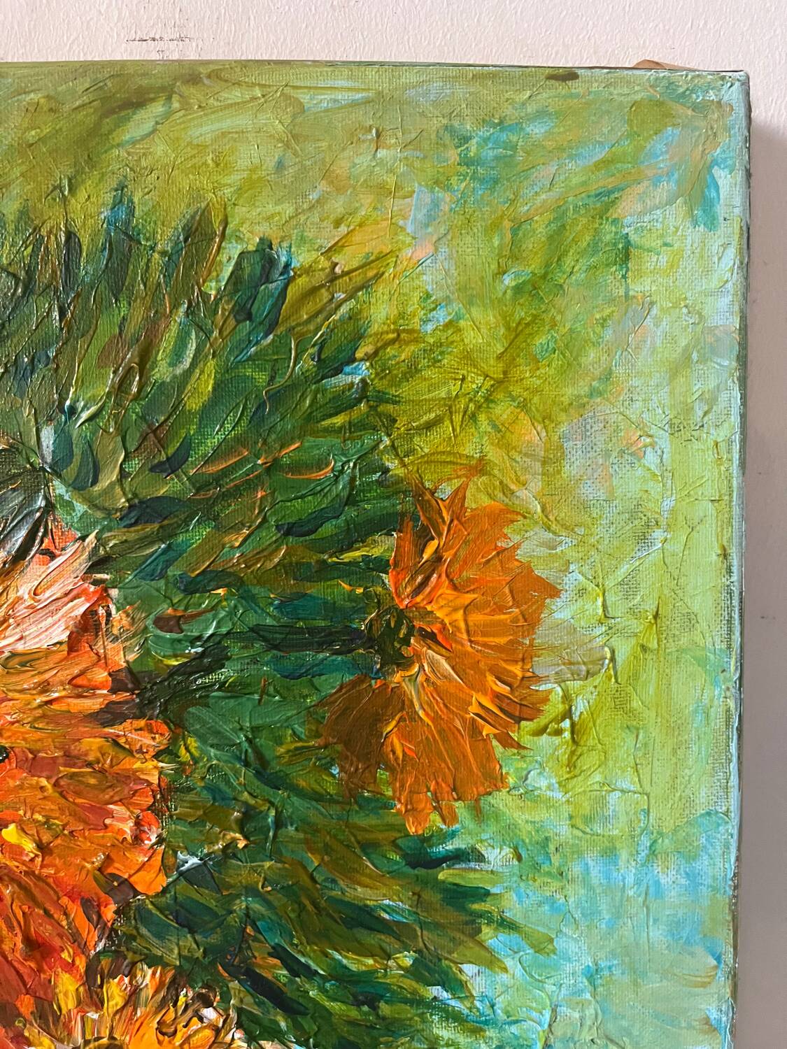 Sunflowers in a blue vase, knife technique, signed
