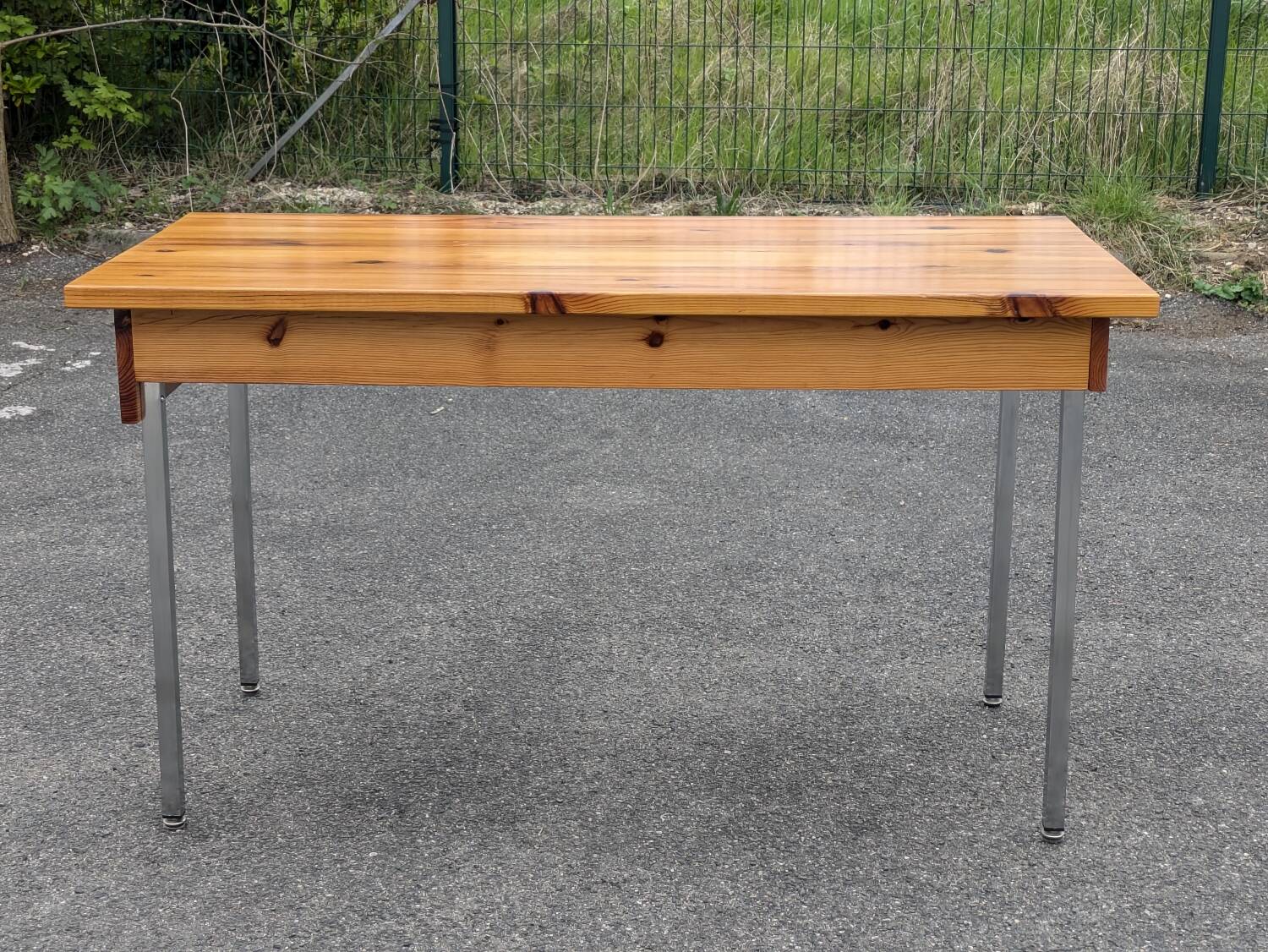 Vintage solid pine & chrome steel desk, 1970s
