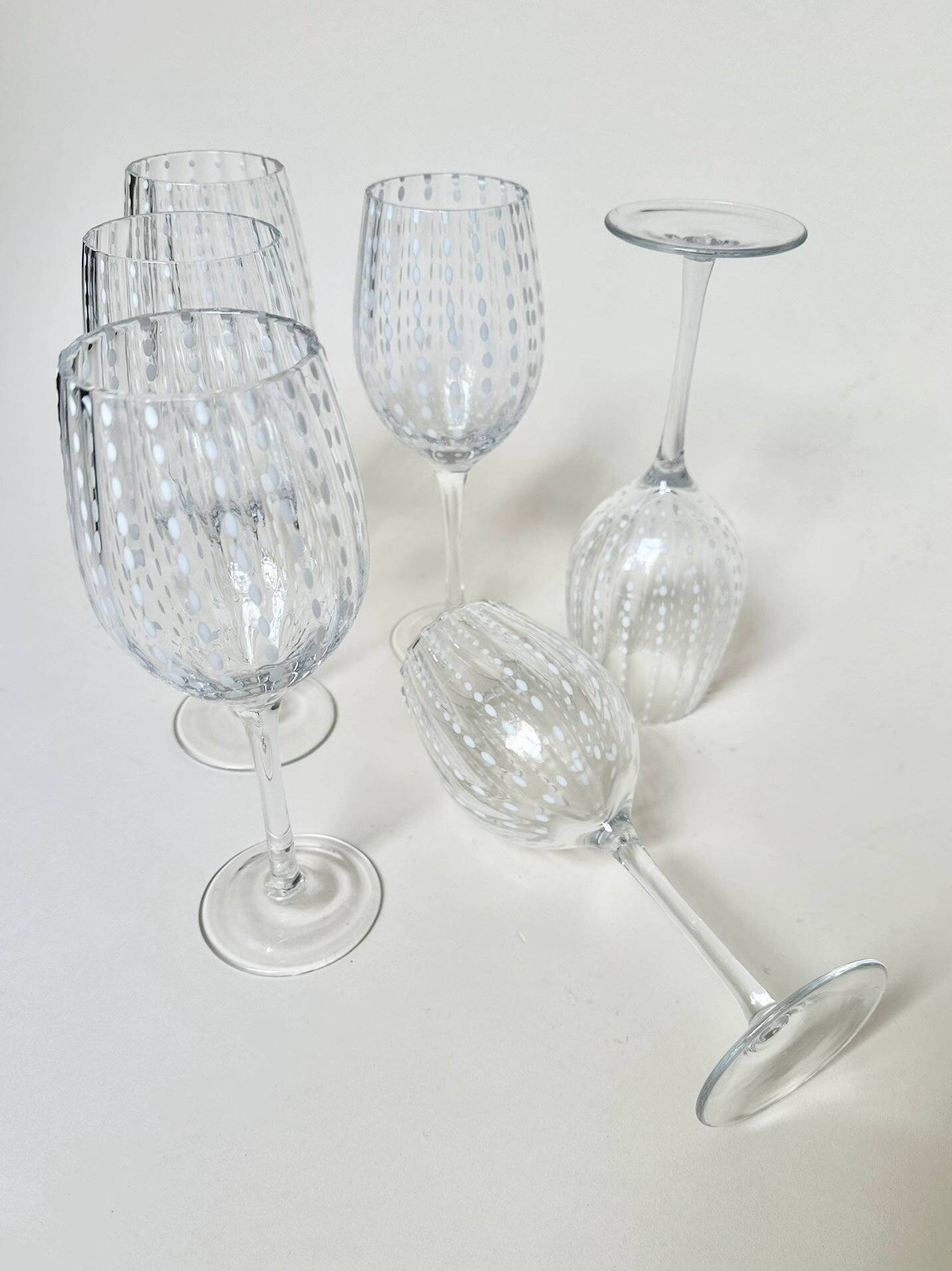 Set of six speckled white wine glasses