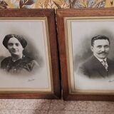 Lot of 2 victorian couple photo frames portrait ancestor painting woman and man xix france