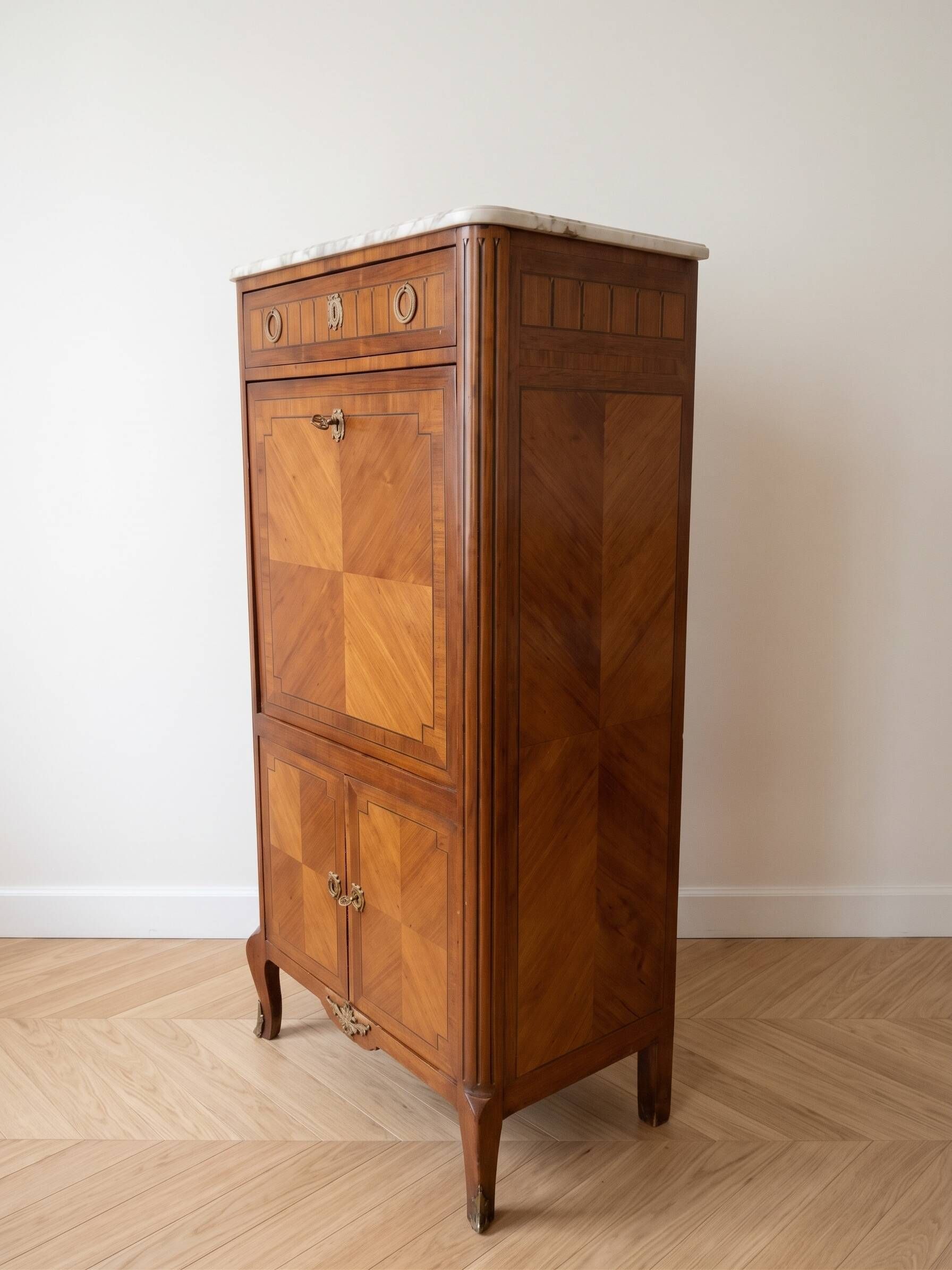 Louis XVI style antique wooden secretary with marble.