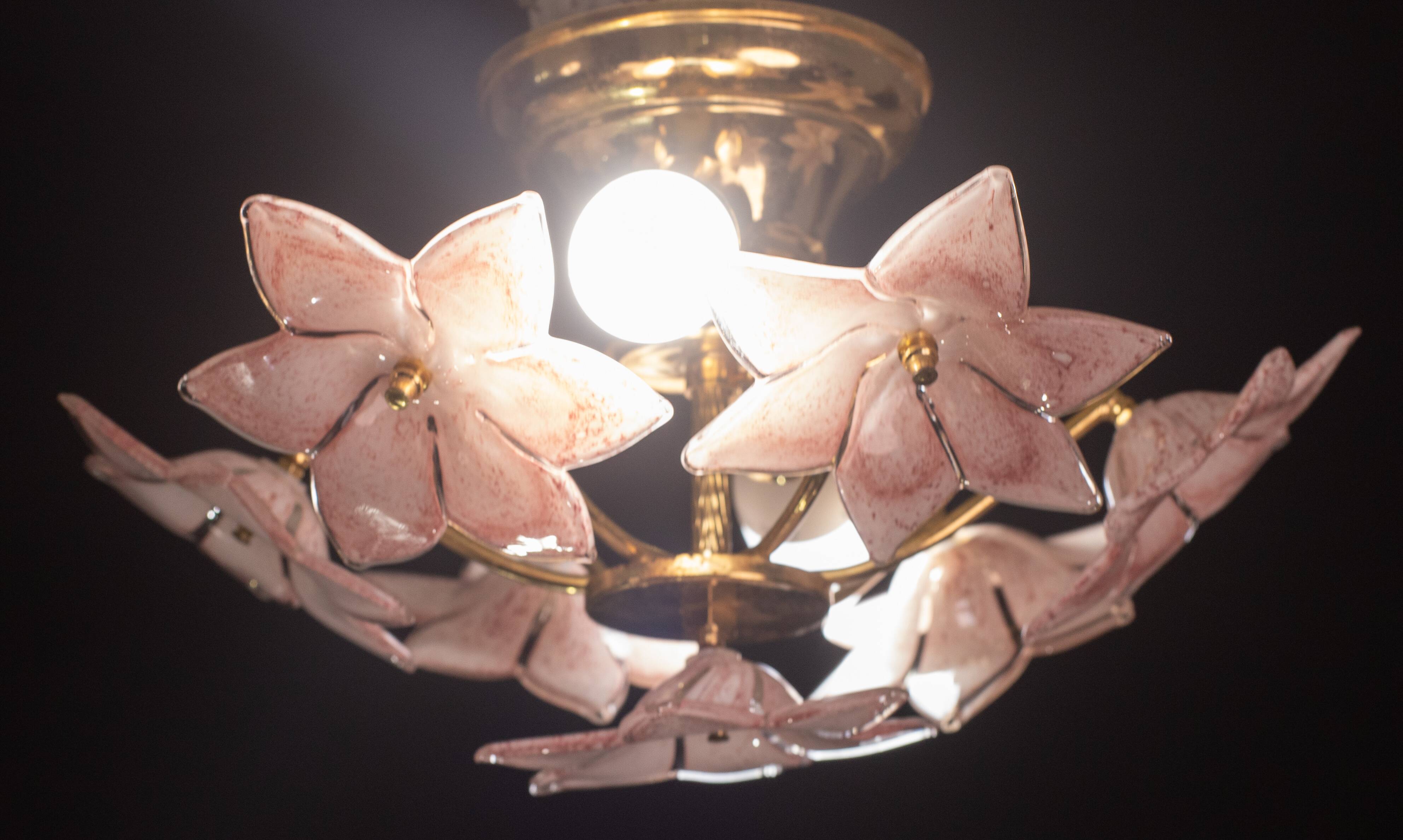 Lovely Murano Vintage Ceiling Light Pink Flowers, 1970s