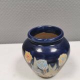 Small delicious blue ceramic vase with floral decoration. Sweden 1970s