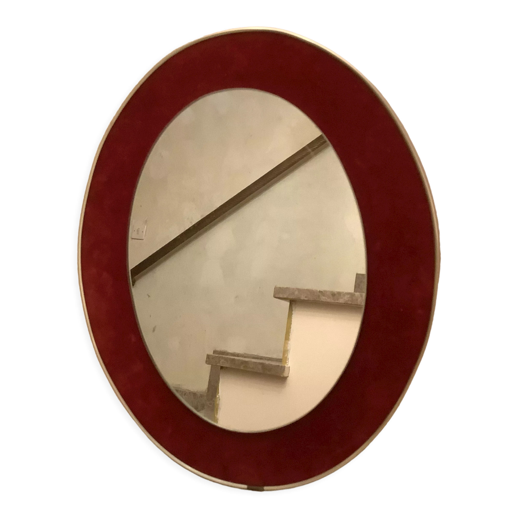 Ancien miroir ovale velours grenat bordeaux