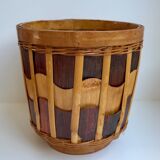 Cache-pot en bois et rotin années 70