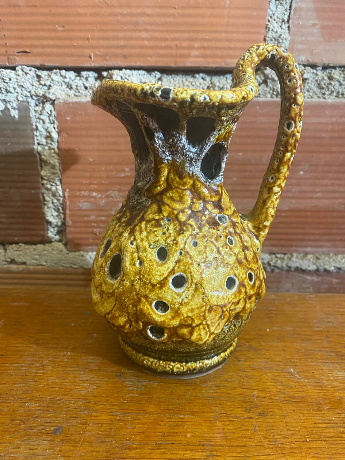 Antique pitcher cyclops enamels honey yellow vallauris fat lava vintage