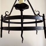 Lustre rustique français vintage forgé à la main en fer forgé noir à 3 lumières 4484