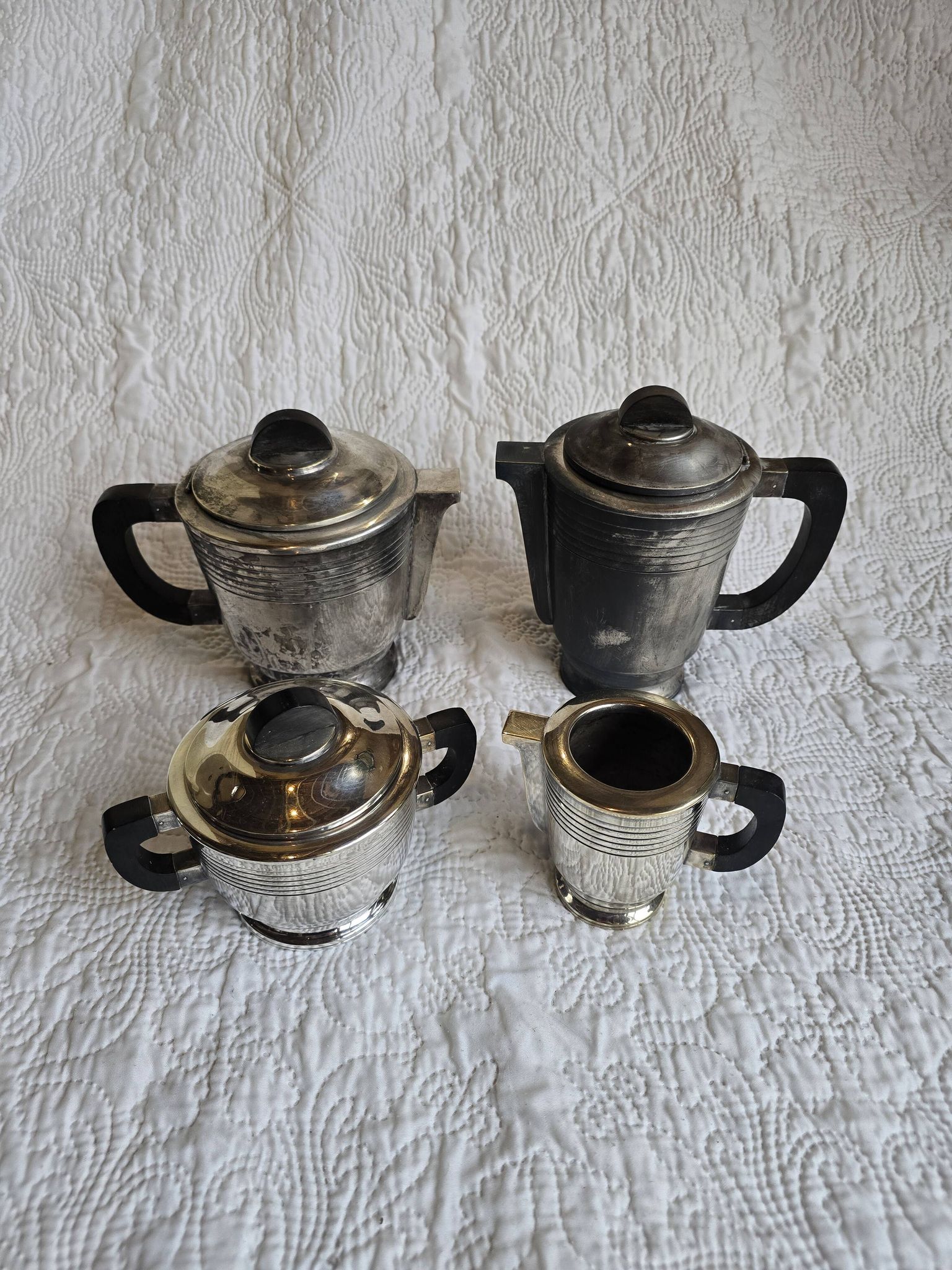 Art Deco tea and coffee service in silver-plated metal and Bakelite, 1930s