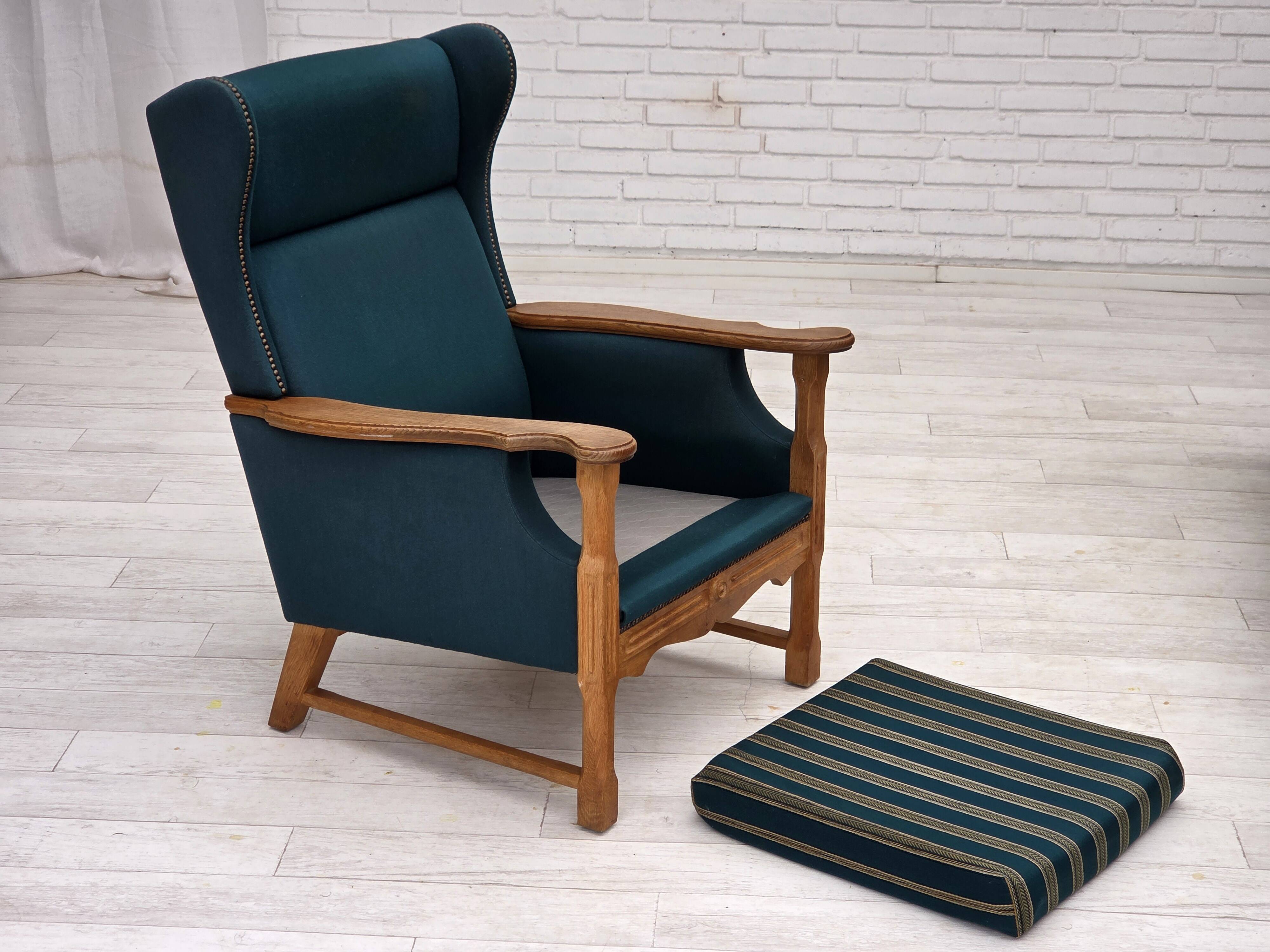 1970s, Danish highback armchair, furniture wool, solid oak wood.