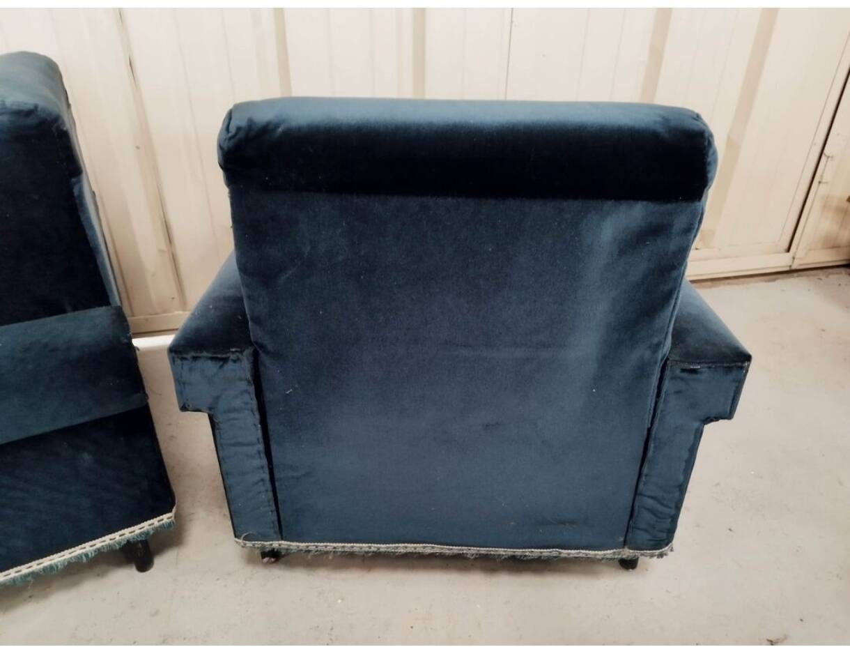 Pair of navy blue velvet club armchairs