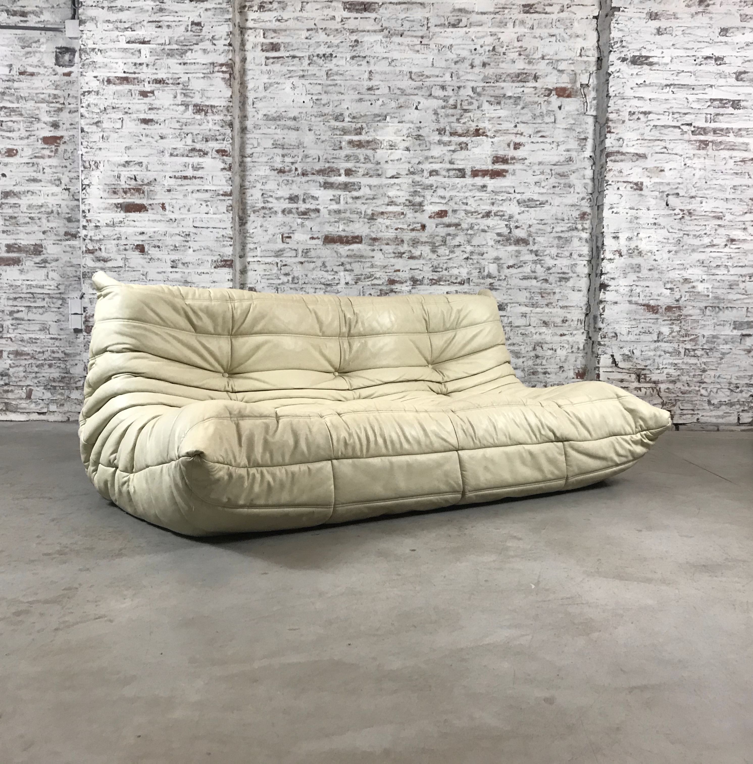 Togo sofa in beige leather by Michel Ducaroy for Ligne Roset, 1986