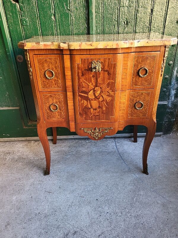 Chest of drawers transition Louis XVl marquetry marble top