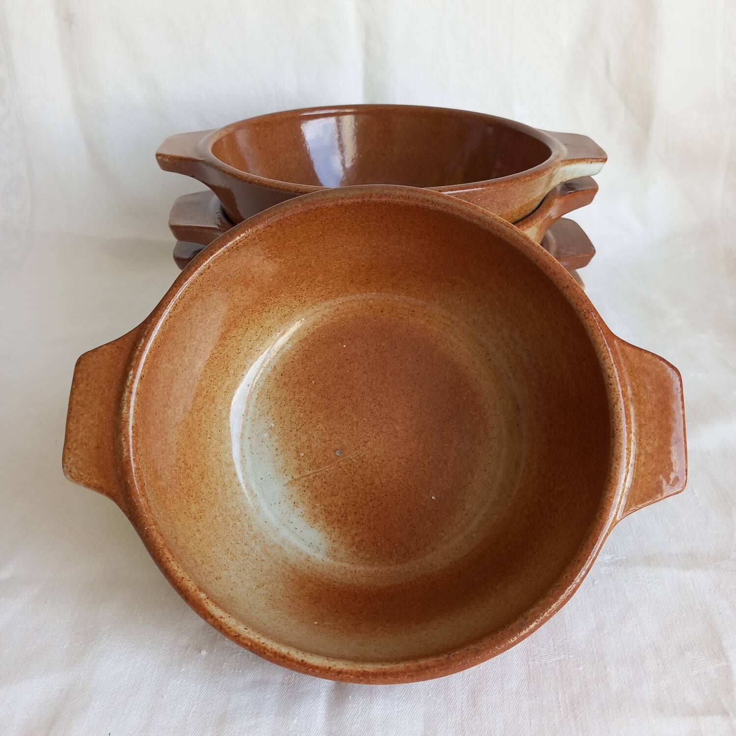 5 vintage stoneware bowls with handles, France