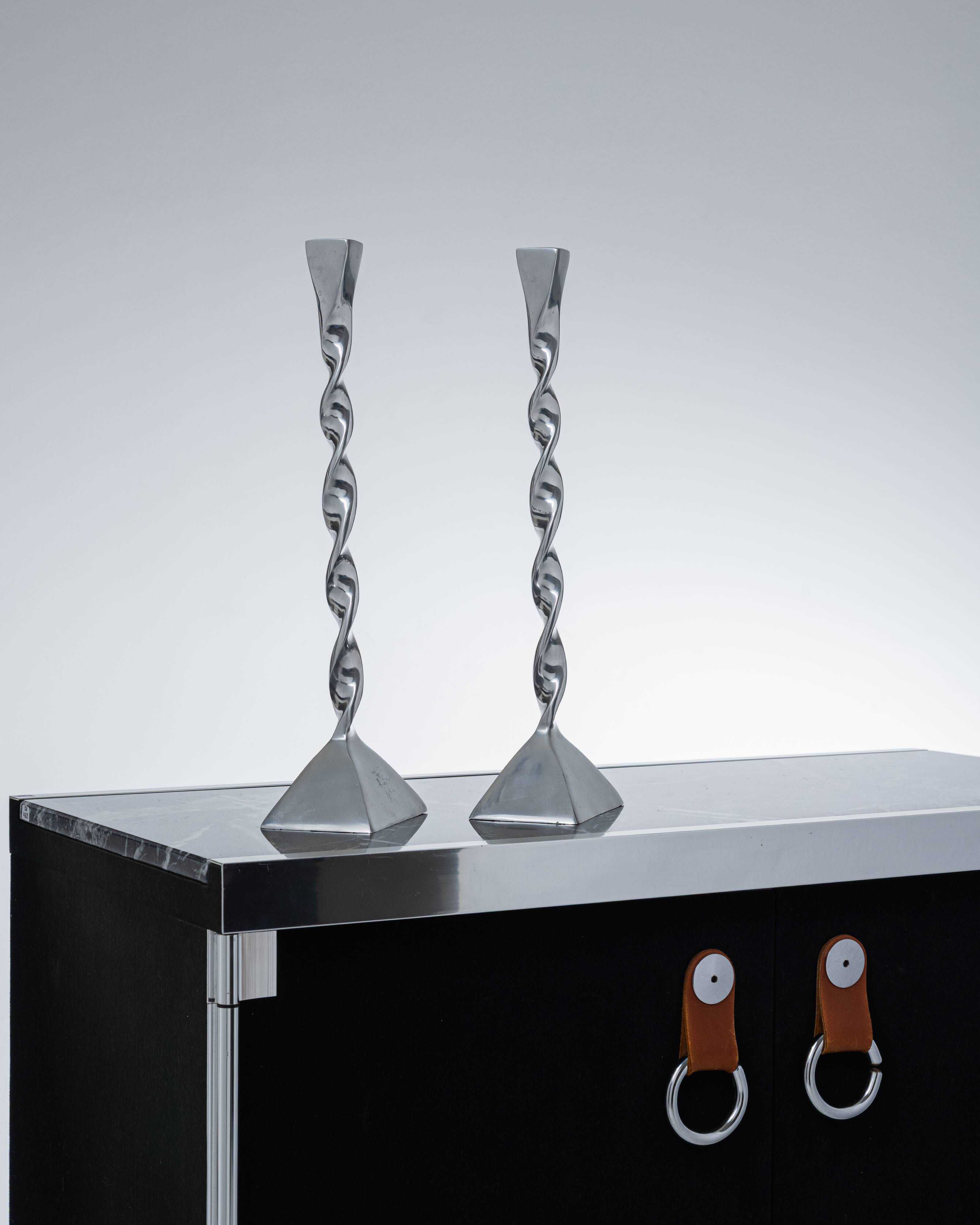Pair of twisted metal candlesticks, 1980s