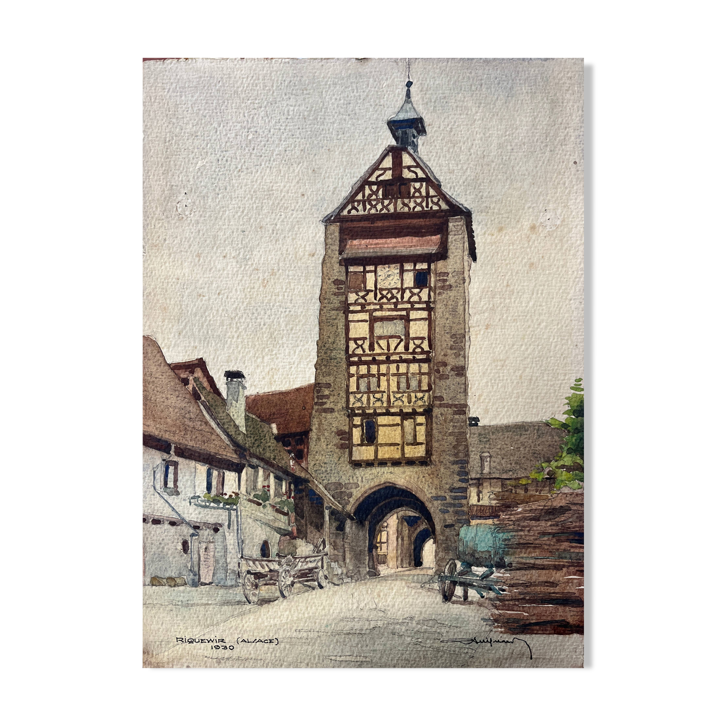 Watercolor painting 1930 Riquewir (Alsace) in 1930 signed