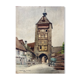Tableau aquarelle Riquewir, Alsace en 1930 signée
