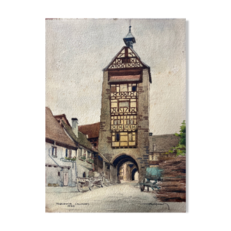 Watercolor painting 1930 Riquewir (Alsace) in 1930 signed