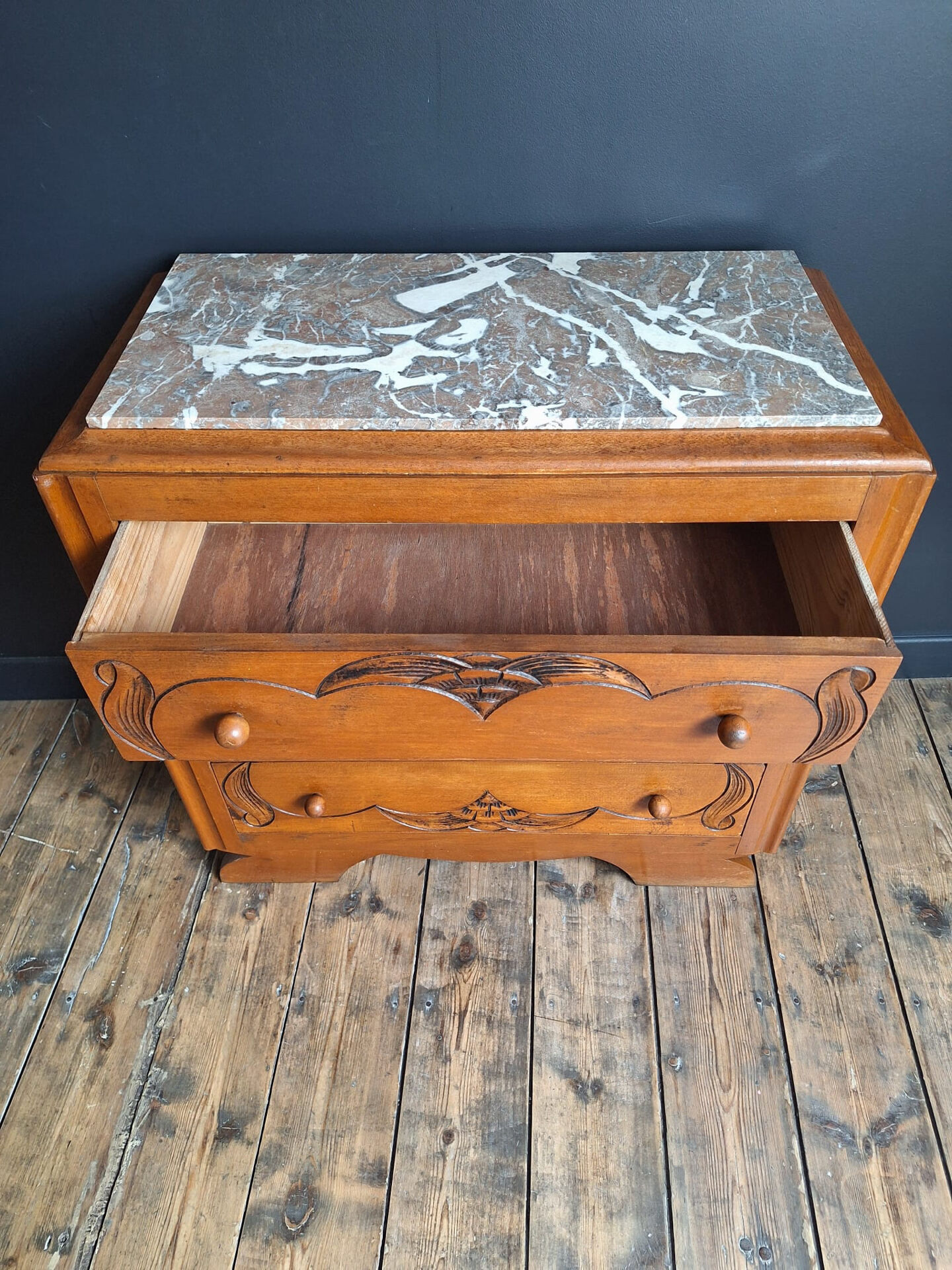 Art Deco commode, vintage antique piece with marble top.