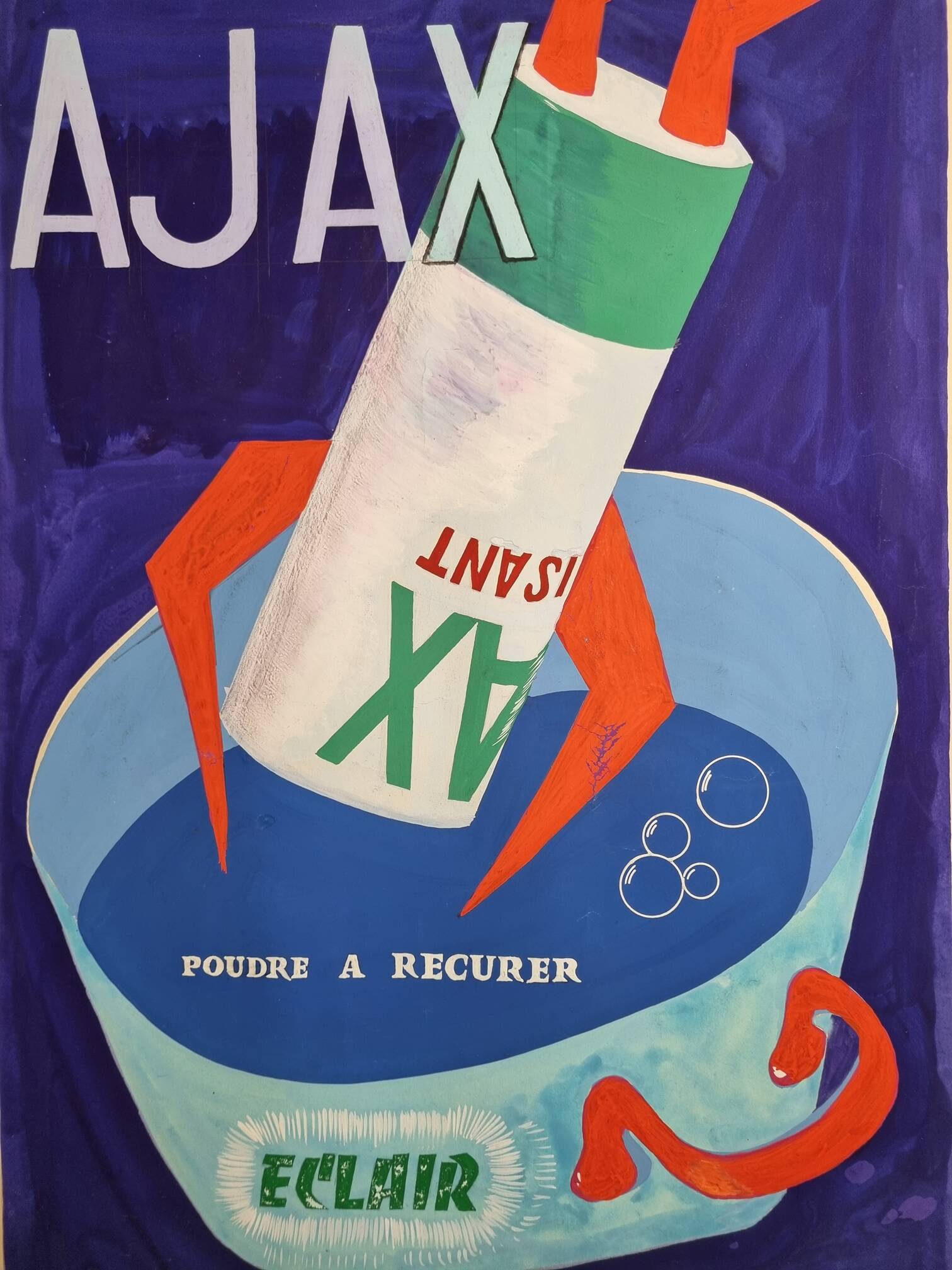 Affiche publicitaire vintage, "Lessive Ajax", années 50-60 peinte à la main