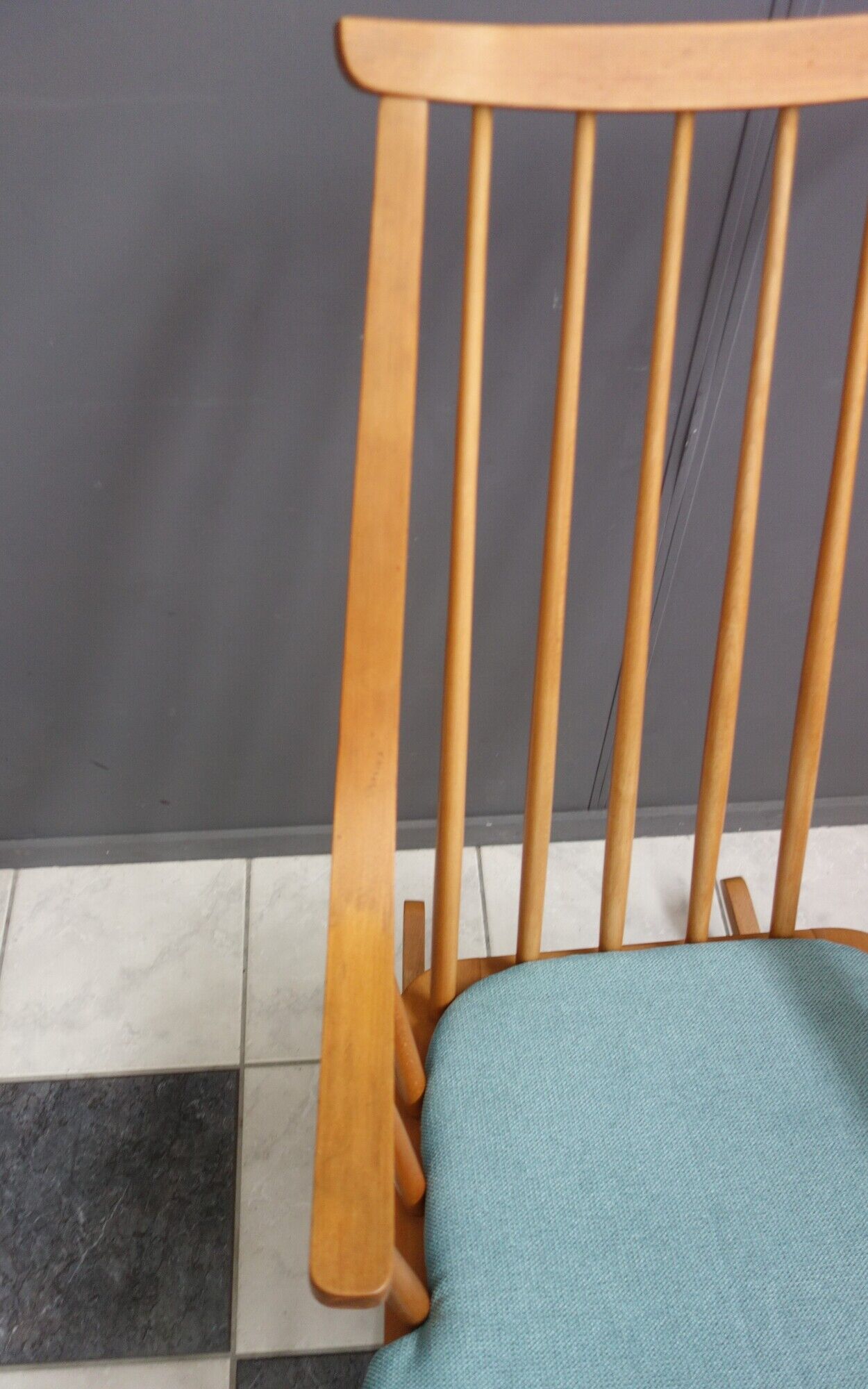 Mid century wooden rocking chair with blue upholstery  1960s