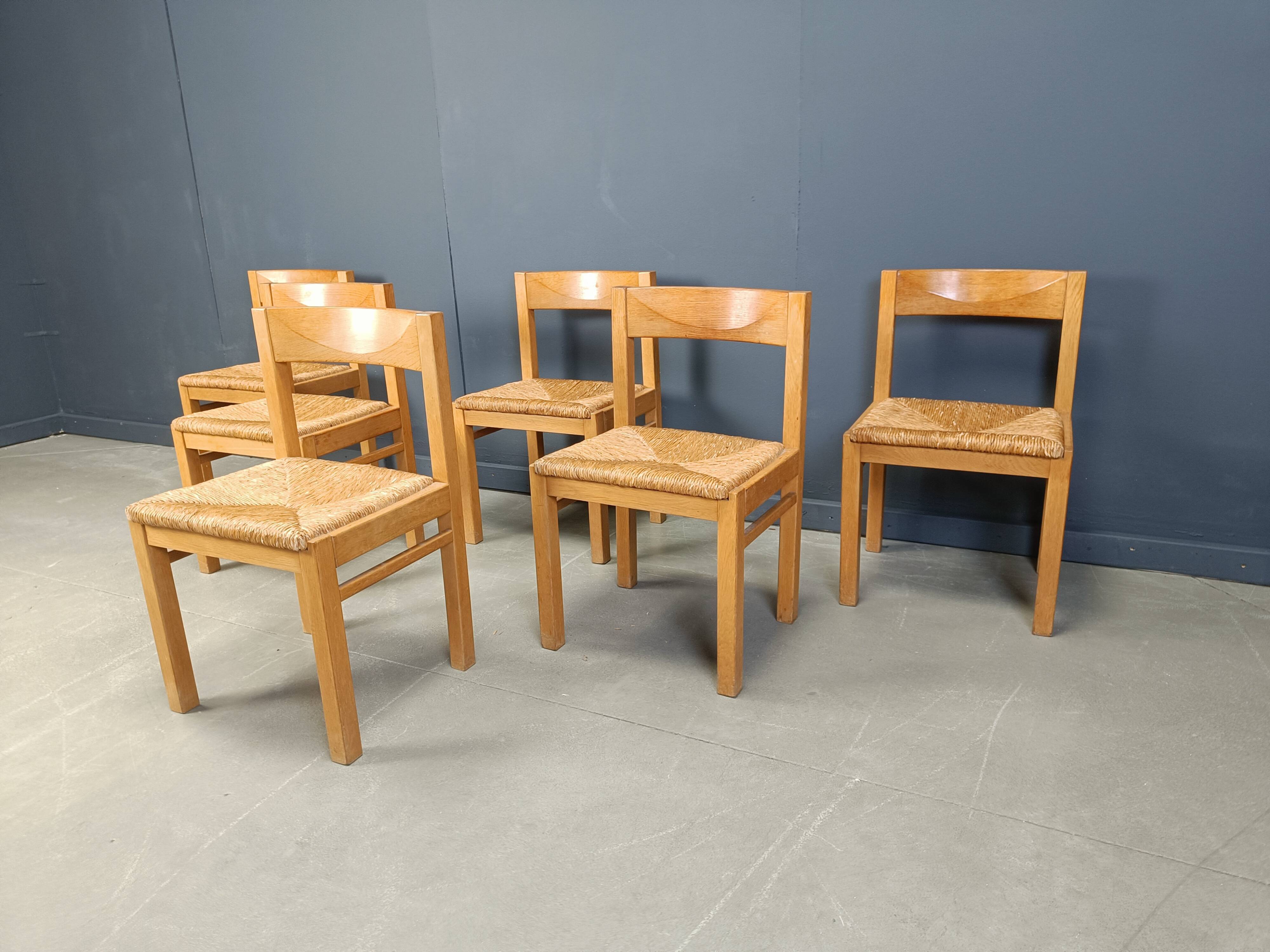 Vintage oak and wicker dining chairs, 1960s