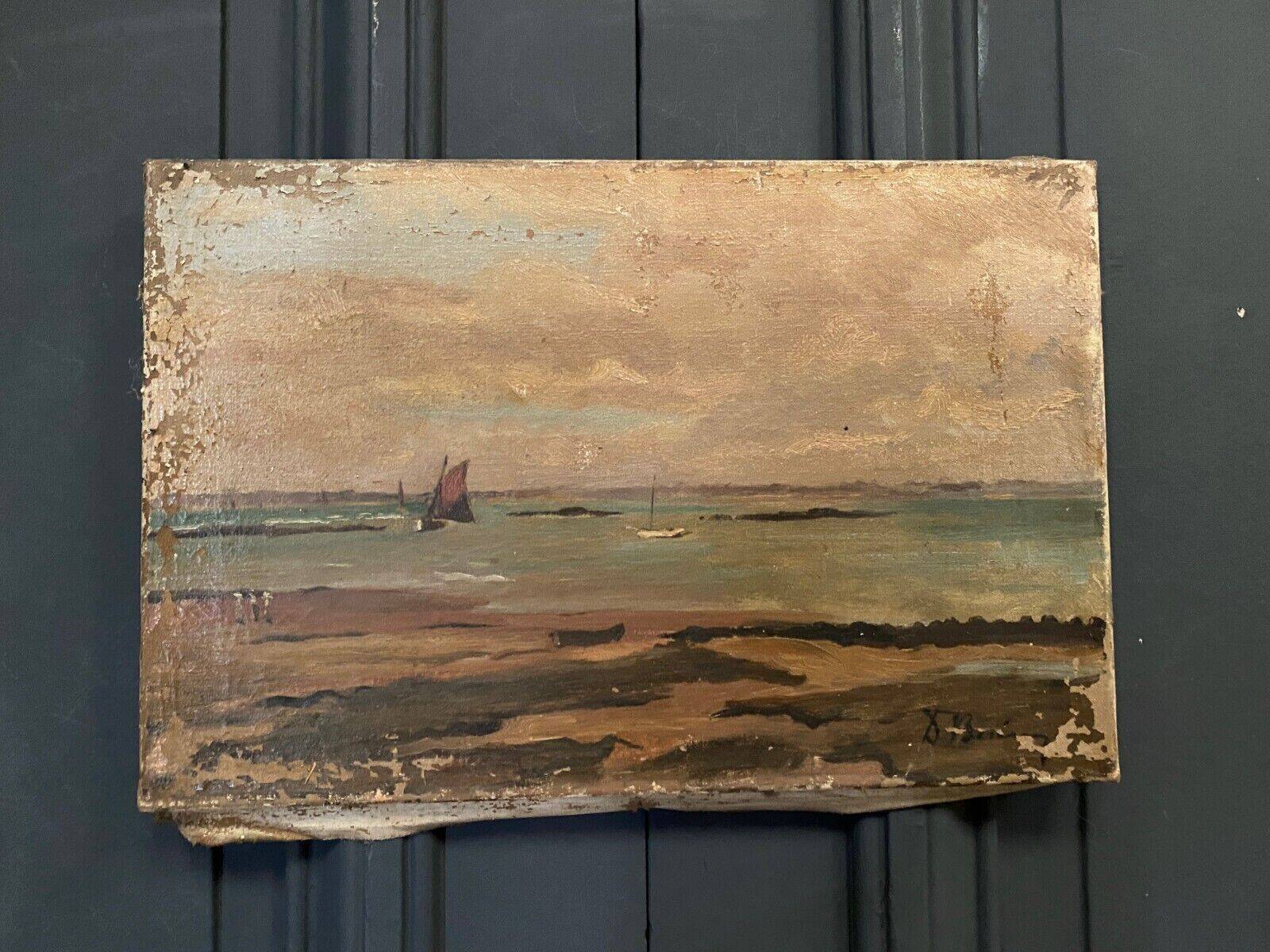 Oil on canvas seaside marine boat early 20th century