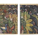 Painted canvas depicting animals on a floral background. Contemporary.