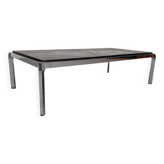 Table basse moderniste italienne en métal chromé et ardoise vers 1970