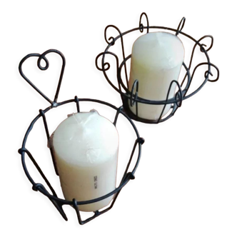 Set of two wire candle holders with candles
