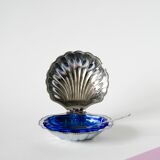 Shell butter dish in stainless steel and blue glass, with butter dish, 1970