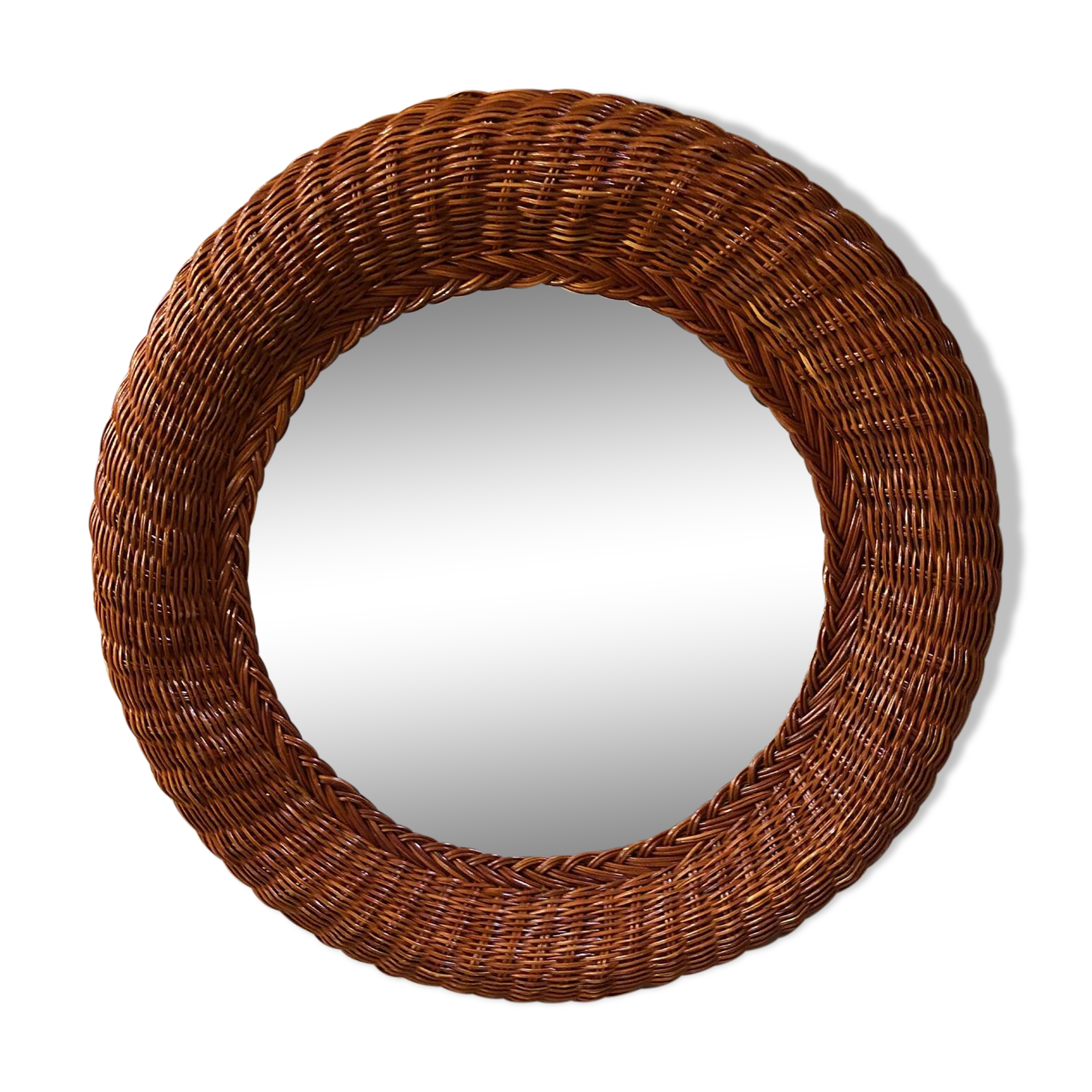 Old vintage round braided wicker mirror 1970s