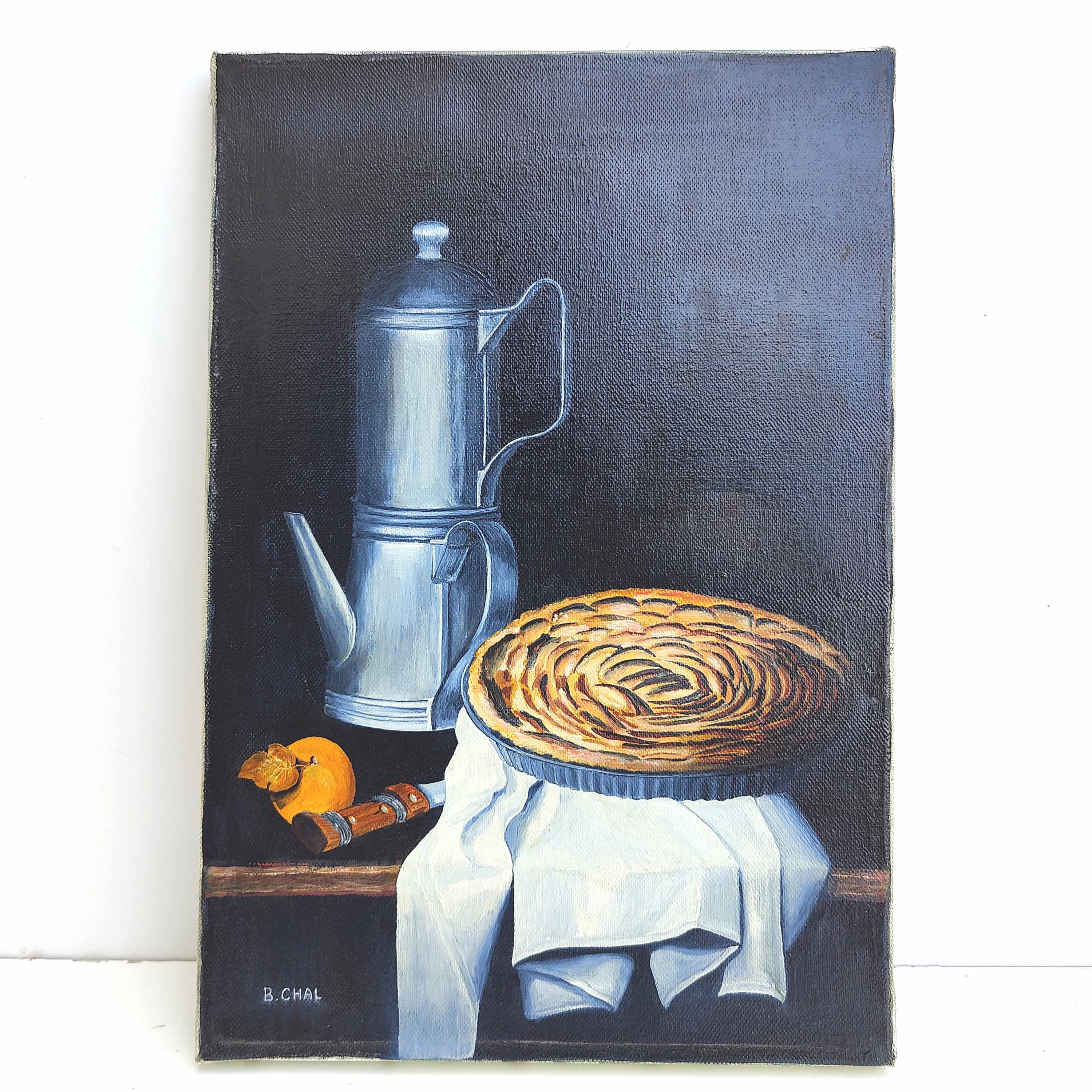 Painting canvas still life coffee maker country apple pie