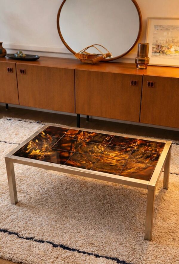 Table basse vintage années 70 – métal chromé & carreaux émaillés