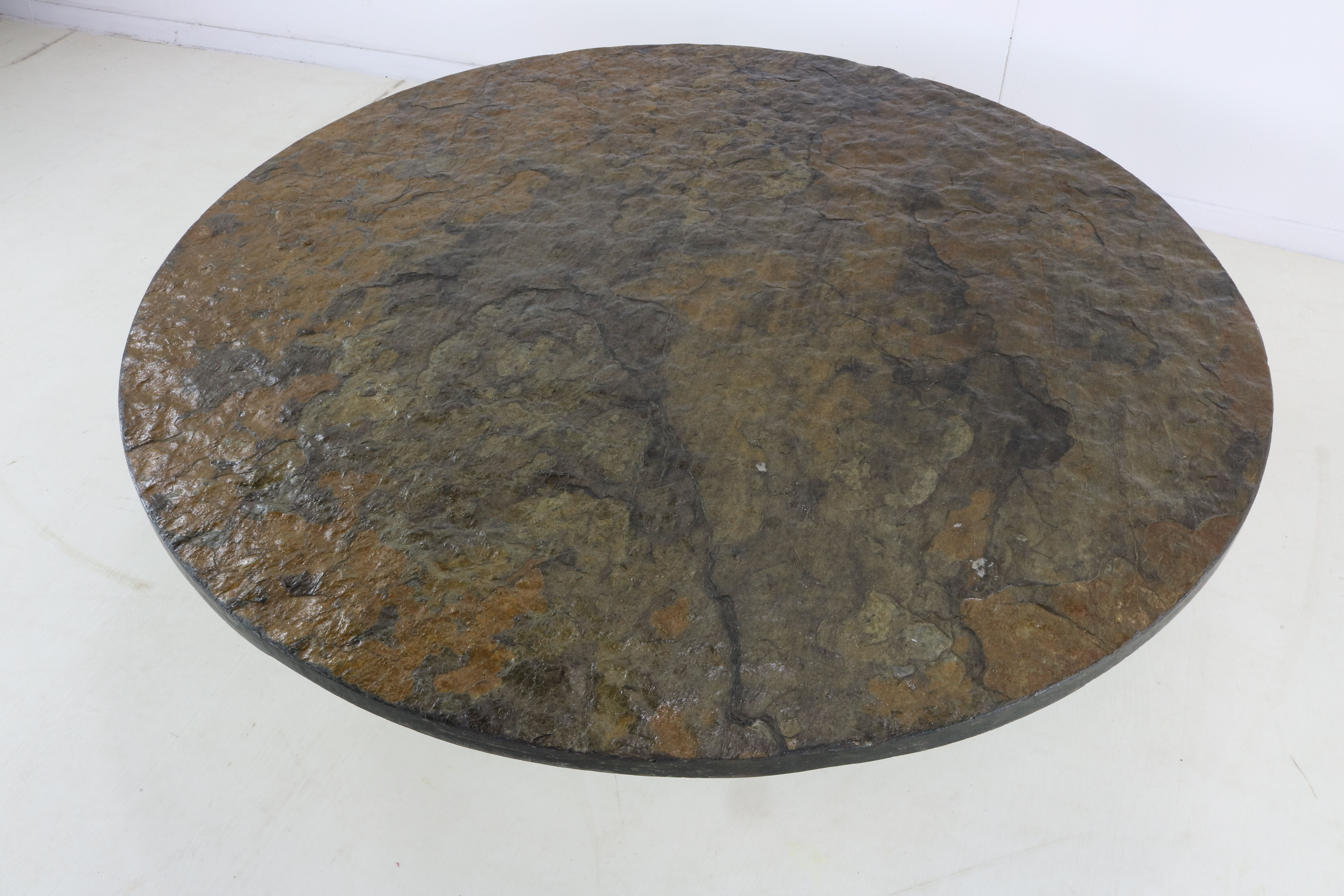 Large brutalist slate stone round coffee table