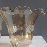 2 tulip globes ruffled, amber silkscreened decoration white - vintage 1970