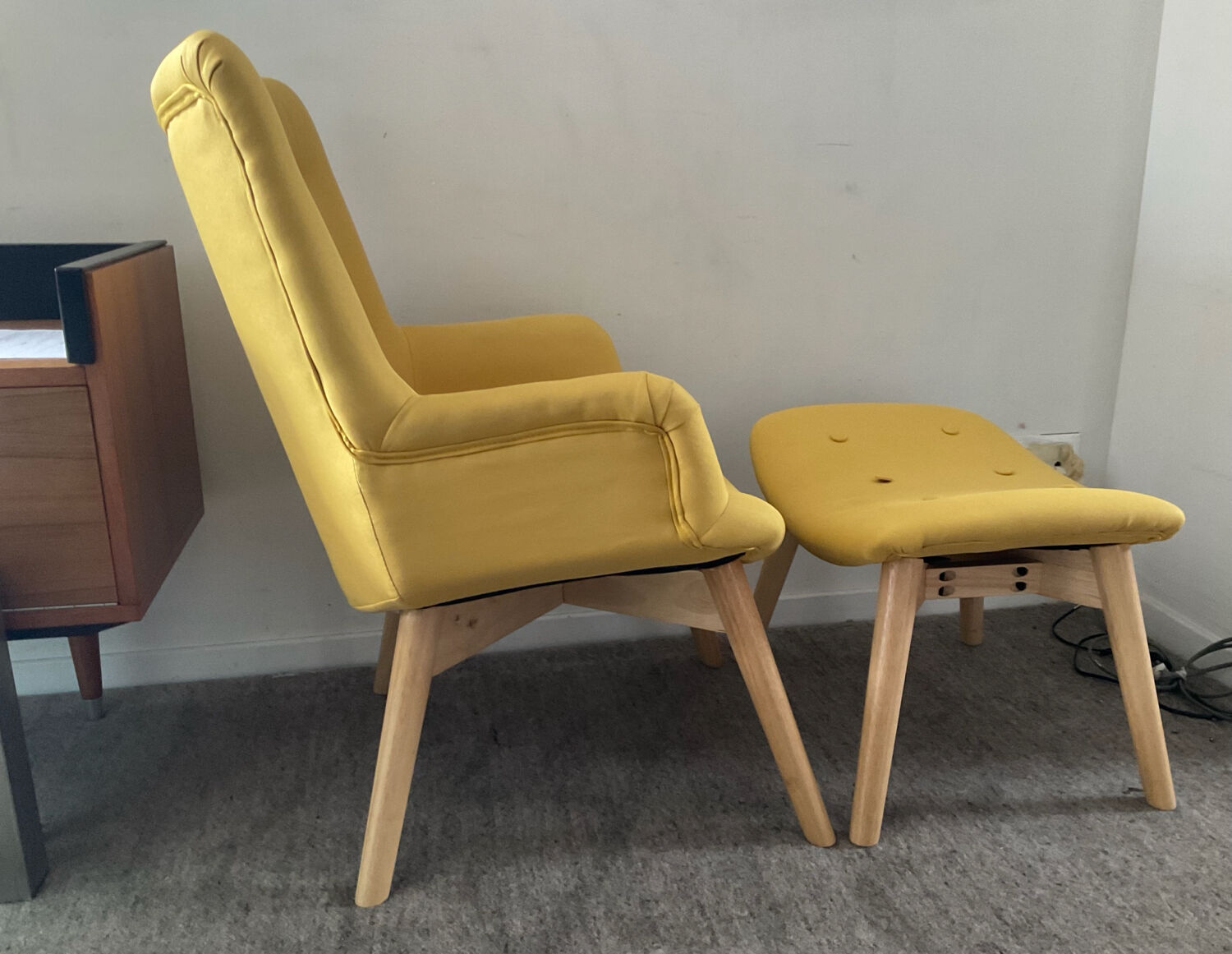 Armchair and ottoman set in beech and yellow fabric